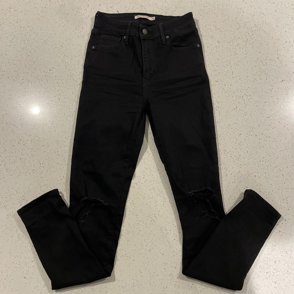 Levi's 721 High Rise Skinny Jeans Womens 26 Black Stretch Distressed Denim Pants